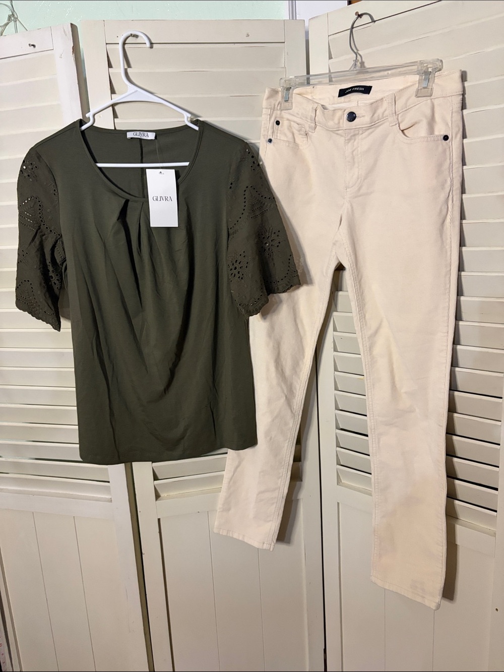 Two piece outfit including Joe Fresh Cream Corduroys and a NWT Amazon Top